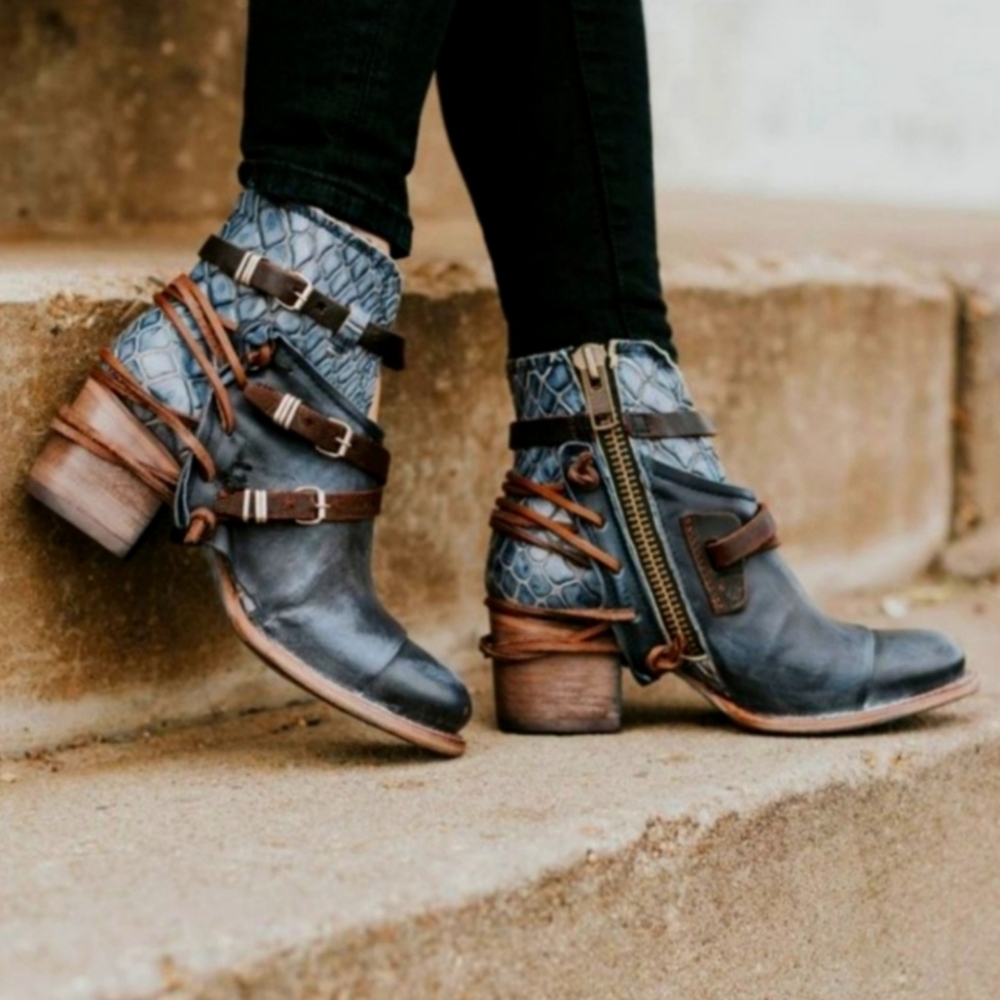 Free bird Crue Boots Blue Leather Strappy Boho Western Rodeo, Size 7